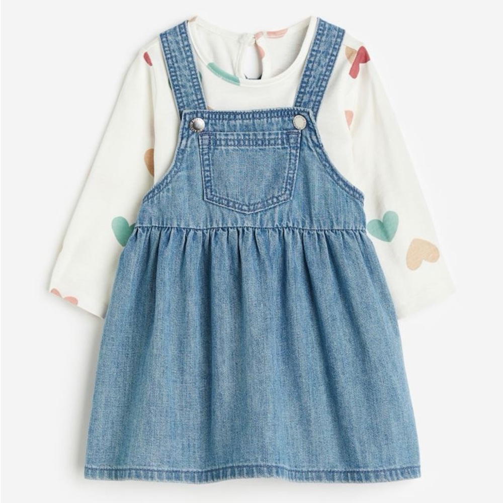 H&M Baby Girls Toddler 2 Piece Heart Top and Denim Blue Dress Set Outfit 18M